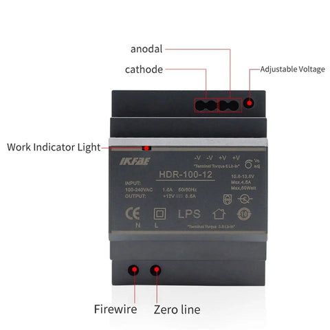 Front view of Ultra Slim 100W DIN Rail Power Supply with 100-240V input and multiple outputs, shown with labels for automation use.