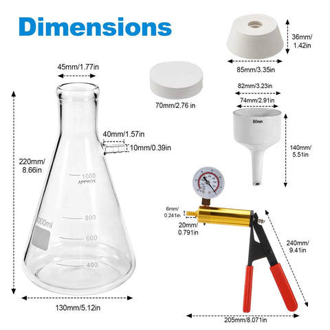 Dimensions of Supercharged Filtration Kit with 1000 mL Buchner Funnel, Ceramic Buchner Funnel Set, and Metal Vacuum Hand Pump