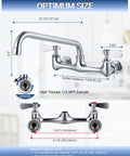 Heavy Duty Eight Inch Center Wall Mount Commercial Sink Faucet with smooth swivel spout and dual lever handles in chrome finish.