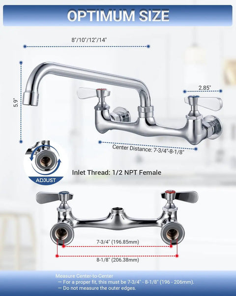 Heavy Duty Eight Inch Center Wall Mount Commercial Sink Faucet with smooth swivel spout and dual lever handles in chrome finish.
