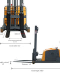 Aequanta Full Electric Walkie Stacker With 3300 Lbs Load Capacity And 118 Inch Lifting Height, showing fork dimensions and side profile.