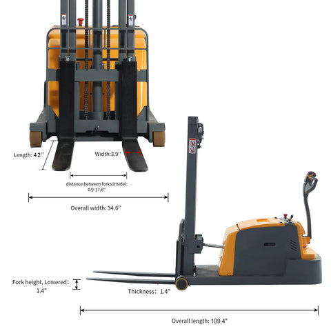 Aequanta Full Electric Walkie Stacker With 3300 Lbs Load Capacity And 118 Inch Lifting Height, showing fork dimensions and side profile.