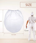 30 Pack 5 Gallon Paint Strainer Bags With Elastic Top, size chart with painter holding roller and bucket