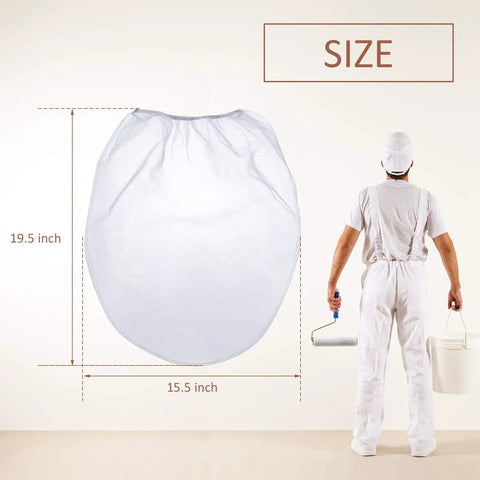 30 Pack 5 Gallon Paint Strainer Bags With Elastic Top, size chart with painter holding roller and bucket