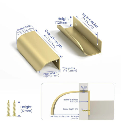 20 Pack 3 Inch Gold Cabinet Handles And Drawer Pulls Finger Pulls For Cabinets Edge Pulls And Flat Drawer Handles Kitchen Hardware Heavy Duty 1.5mm Thick Build No Fuss Installation With Phillips Screwdriver dimensions illustration