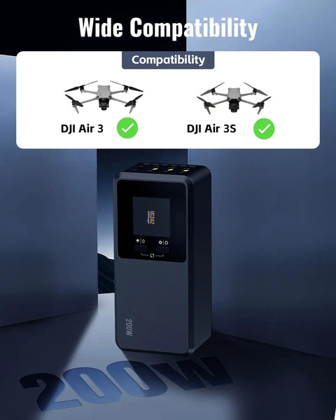 200W Parallel Drone Battery Charger Hub for DJI Air 3 and Air 3S with LCD display, shown with compatibility icons for drones.
