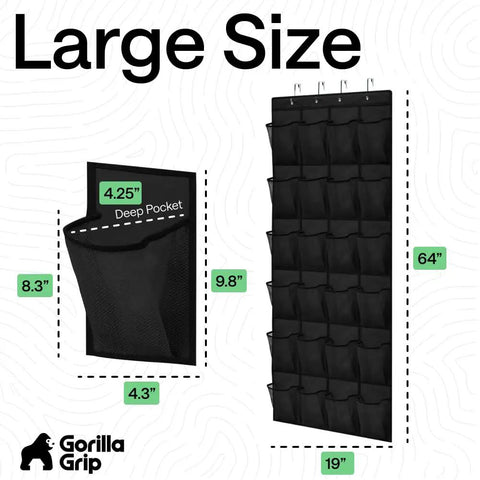 Heavy Duty Over The Door Shoe Organizer With 24 Roomy Pockets, Hangs Rock Solid And Holds Up To Forty Pounds, Tear Proof Non Woven Material With Double Stitched Edges, Sleek Black Closet Cleaner showing dimensions.