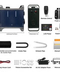 Kick Some Major Heat With This Upgraded 8Kw Portable Diesel Heater Running On 12V Or 24V Power Plus An AC Adapter For Turbo Warmth And Bluetooth App Control To Keep Vans Rvs Trucks And Campers Seriously Comfy In Frigid Conditions. Image showing heater with remote control, LCD panel, air pipes, and accessories.