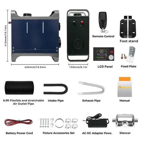 Kick Some Major Heat With This Upgraded 8Kw Portable Diesel Heater Running On 12V Or 24V Power Plus An AC Adapter For Turbo Warmth And Bluetooth App Control To Keep Vans Rvs Trucks And Campers Seriously Comfy In Frigid Conditions. Image showing heater with remote control, LCD panel, air pipes, and accessories.