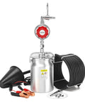 Automotive 12V DC EVAP smoke tester with stainless steel canister, red adjustable regulator knob, and long coil hose.