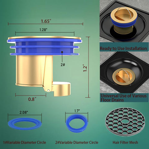 Diagram of 2 Pack Floor Drain Odor Stopper And Backflow Preventer, Brass One Way Anti Odor Check Valve For 1.28 To 2.08 Inch Drains