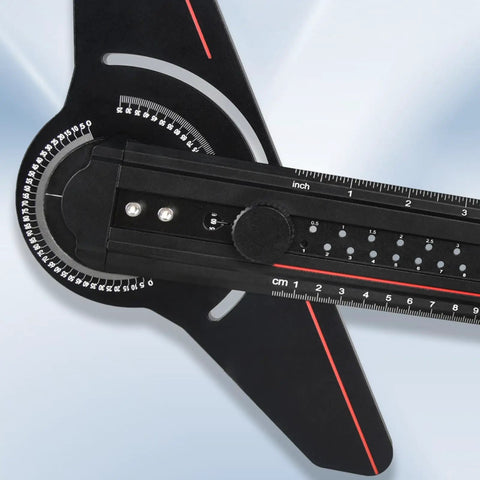 Close-up of Aluminum Angle Finder Ruler With Integrated Protractor And Snap Marking Gauge for precise woodworking cuts.