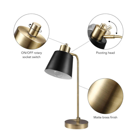 18 Inch Matte Brass Desk Lamp With Matte Black Shade, Adjustable Pivot For Precise Reading And Desk Work, Dope Sleek Modern Mid Century Style Lighting For Home Office Or Nightstand; black shade and brass finish