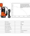 1HP Submersible Sump Pump With Automatic Float Switch, 3700GPH Clean Or Dirty Water Pump For Pool Pond Garden Flooded Cellar Aquarium And Irrigation, Orange, shown with specifications and graph