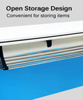Open storage design of the Grab This Game Changing Folding Computer Desk Featuring Heavy Duty Steel Frame And Scratch Resistant Top For Super Convenient Mobile Office Workstations In Bright Blue Color.