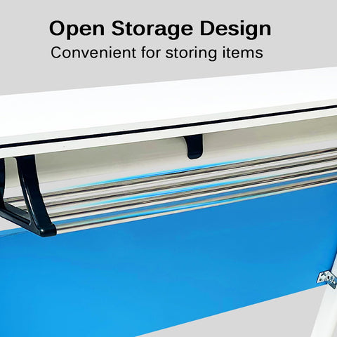 Open storage design of the Grab This Game Changing Folding Computer Desk Featuring Heavy Duty Steel Frame And Scratch Resistant Top For Super Convenient Mobile Office Workstations In Bright Blue Color.