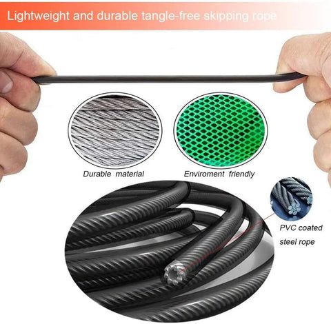 Hands holding Calorie-Burning Jump Rope For Women, Men, And Kids with PVC coated steel rope and ball bearings for smooth workouts.