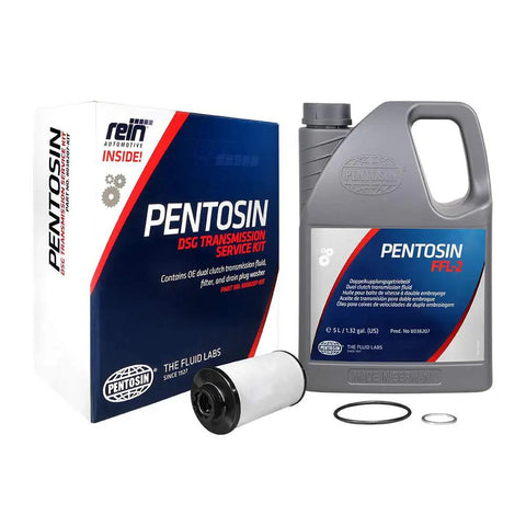 Fully Synthetic DSG Transmission Fluid Kit, 5 Liter Pack With All Service Parts, FFL-2 Approved, bottle and filter displayed