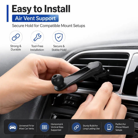 Universal Car Phone Mount With Tight Air Vent Clip And 17mm Ball Head For 360 Rotation fits securely onto car air vent.