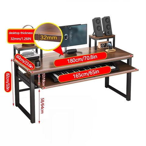 70 Inch Music Studio Desk Workstation With Multi Tier Layout, Sliding Keyboard Tray, Built In Cable Management, Dark Walnut Finish.