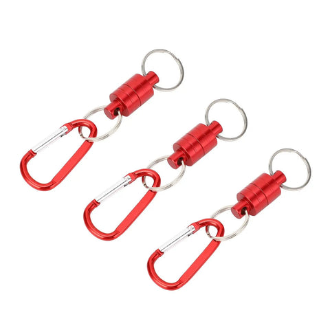 Set of 3 red aluminum alloy powerful magnetic keychain with quick release buckle, lightweight holder for tools and EDC essentials.