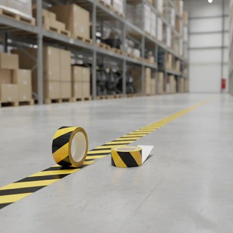 Top Shelf Yellow Floor Marker Tape With Hell Yeah Adhesion For Concrete And Epoxy Surfaces, rolls on warehouse floor.
