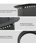 Smokeless Fire Pit Ring Insert Heavy Duty Steel Rim For DIY Fire Pits 40 Inch Outer 36 Inch Inner 8 Piece Installation Kit close-up of black paint finish, polished edges, and spacious interior.