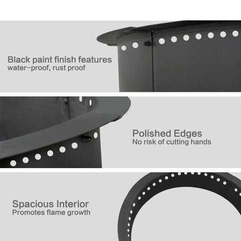 Smokeless Fire Pit Ring Insert Heavy Duty Steel Rim For DIY Fire Pits 40 Inch Outer 36 Inch Inner 8 Piece Installation Kit close-up of black paint finish, polished edges, and spacious interior.