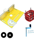 Built Tough Metal Router Table With Heavy Duty Aluminum Top Plate And No Sweat Lift System Adjustable Angle Guide and accessories, yellow metal base.