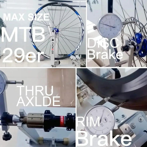 Beefy Wheel Truing Stand For Bicycle Adjustment and Rim Truing with tools for disc, thru-axle, and rim brake alignment.