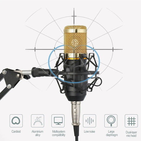 Pro Podcast Gear Bundle With BM800 Microphone Kit showing condenser mic with gold mesh head and adjustable arm stand