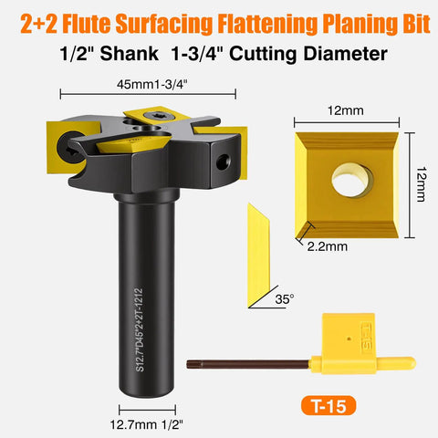 Pro Grade CNC Spoilboard Surfacing Router Bit With 1/2 Inch Shank And 1-3/4 Inch Cutting Diameter, components and measurements displayed