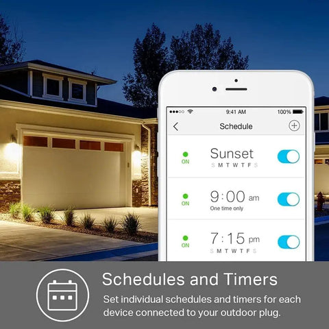 Outdoor Smart Plug With Two Outlets WiFi Outlet That Works With Alexa Google Home And IFTTT No Hub Required IP64 Weather Resistant Sunset Sunrise Offset Control Two Outdoor Devices From Anywhere Up To 300 Feet displayed on phone near lit house at sunset