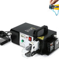 HCZKIUJ Electric Wire Stripping And Crimping Machine With 7 Die Sets For Cold Terminals, showing control panel and handle.