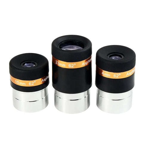3 eyepieces from the 4mm 10mm 23mm Telescope Eyepiece Set With Fully Coated Optics, 62 Degree Wide Field Of View, 1.25 Inch Barrel.