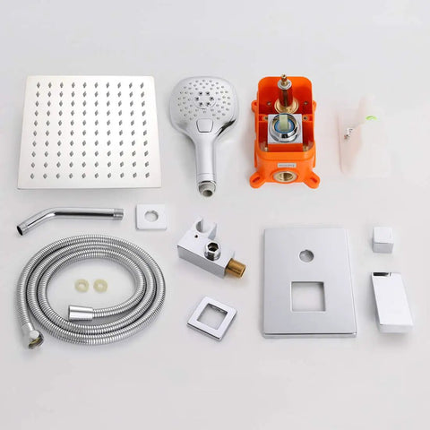 Polished Chrome Shower System With Wall Mounted Rainfall 8 Inch Shower Head And Handle Set Includes Rough In Valve Body And Trim Kit