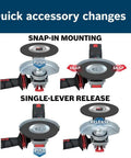 Quick accessory change guide for Built Different Five Inch Angle Grinder, featuring snap-in mounting and single-lever release.