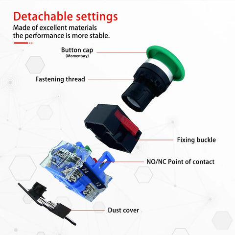 Exploded view of Green 22mm Mushroom Head Momentary Push Button Switch With 1NO 1NC Silver Contacts 10A Self Reset Start Stop Button