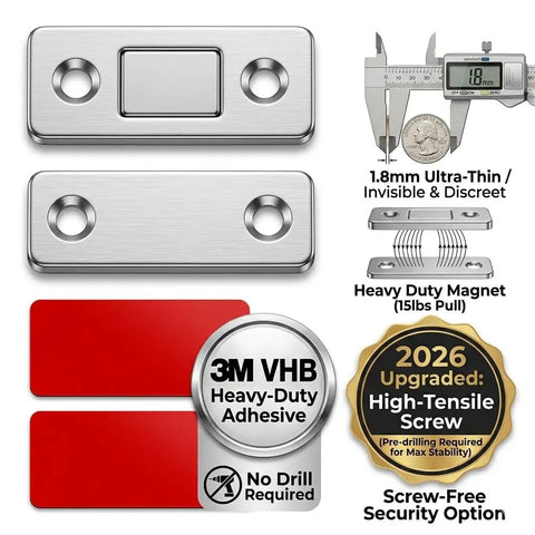 Ultra Thin Stick On Cabinet Magnets Set Of 6 For No Drill Installation Heavy Duty Stainless Steel Magnetic Door Catch with 3M Adhesive Strips