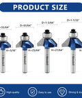 Rock Solid 45 Degree Chamfer Router Bit Set With 1/4 Inch Shank Featuring Four Precision Sizes for slick angled edges and decorative cuts