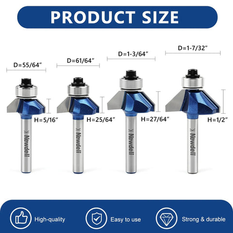 Rock Solid 45 Degree Chamfer Router Bit Set With 1/4 Inch Shank Featuring Four Precision Sizes for slick angled edges and decorative cuts