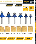 Knockout 6 Piece Round Over Router Bit Set With Tough 1/4 Inch Shank And Assorted Carbide Profiles visible with radius sizes.