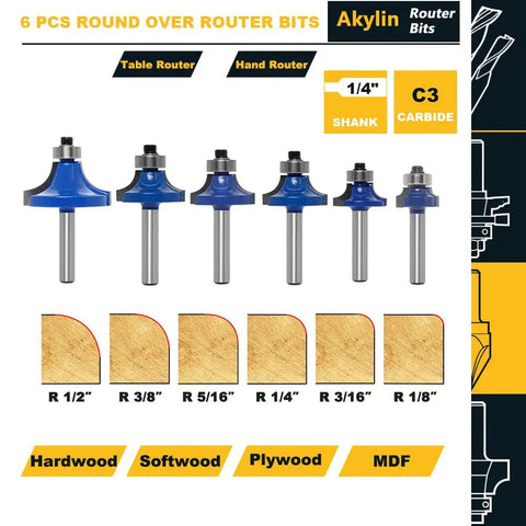 Knockout 6 Piece Round Over Router Bit Set With Tough 1/4 Inch Shank And Assorted Carbide Profiles visible with radius sizes.