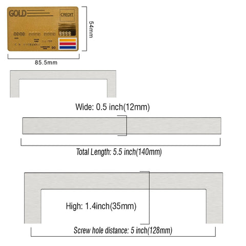 Dimensions diagram of 10 Pack Brushed Satin Nickel Cabinet Pulls 5 Inch Center To Center Square Drawer Handles For Kitchen Cabinets Cupboards Hardware Durable Metal Construction Easy To Install With Hidden Screws SH0004