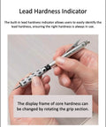 Person holding Graph Gear 1000 Mechanical Drafting Pencil 0.4mm Set With HB And 2B Leads In Black Slim Case, showing lead hardness indicator.
