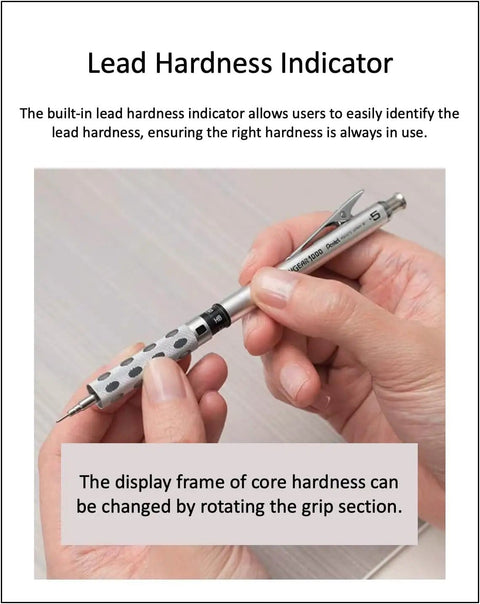 Person holding Graph Gear 1000 Mechanical Drafting Pencil 0.4mm Set With HB And 2B Leads In Black Slim Case, showing lead hardness indicator.