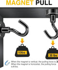 Heavy Duty Magnetic Hooks for Fridge and Grill, demonstrating vertical and horizontal pulling force, 30 lbs and 10 lbs capacity