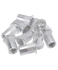 Bulk Pack of 10 Flat Head Threaded Rivet Nuts Made From Heavy Duty Zinc Plated Carbon Steel With Knurled Locking Body For Fasteners And Professional Hardware Projects arranged in a pile.