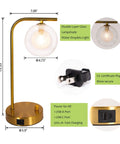 Industrial Glass Globe Desk Lamps Set Of 2 With USB Charging Ports Gold Metal Bedside Table Lamps Stepless Dimmable Brightness Perfect For Living Room Or Bedroom LED Bulbs Included with dimensions and features showcased