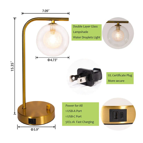 Industrial Glass Globe Desk Lamps Set Of 2 With USB Charging Ports Gold Metal Bedside Table Lamps Stepless Dimmable Brightness Perfect For Living Room Or Bedroom LED Bulbs Included with dimensions and features showcased